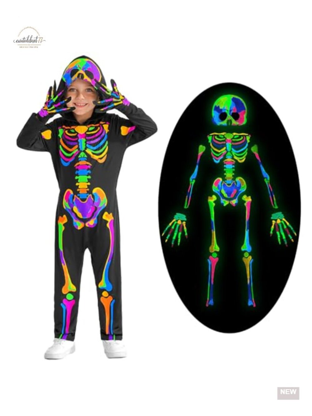 Kids Glow in the Dark Skeleton Halloween Costume Jumpsuit with Gloves Hood